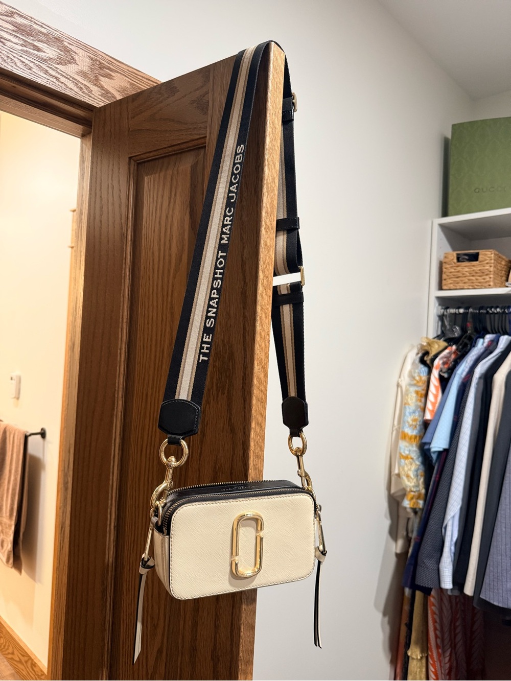 Marc Jacobs Cream Crossbody with Black & Navy Branded Strap
